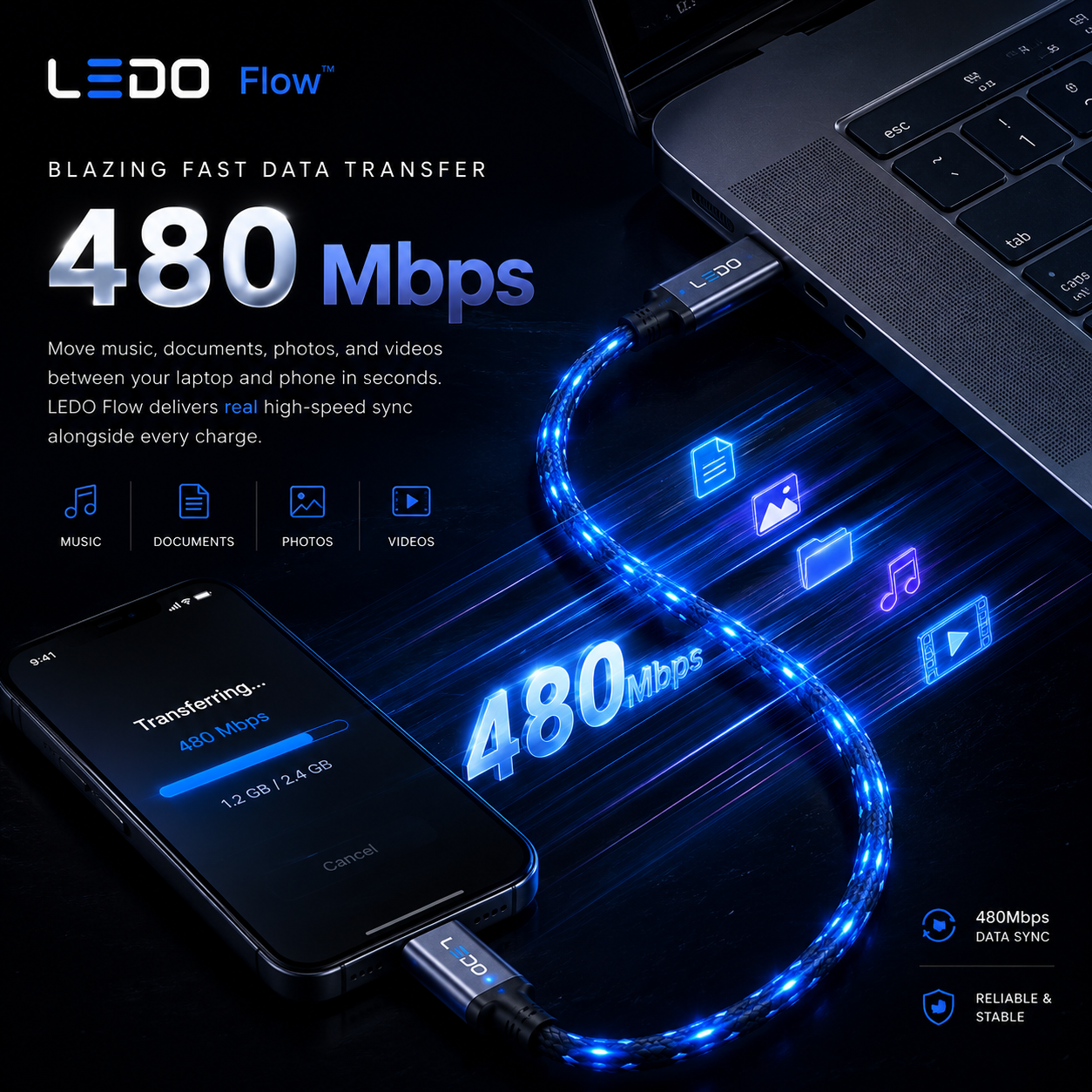 LEDO Flow cable transferring data between laptop and smartphone at 480 Mbps