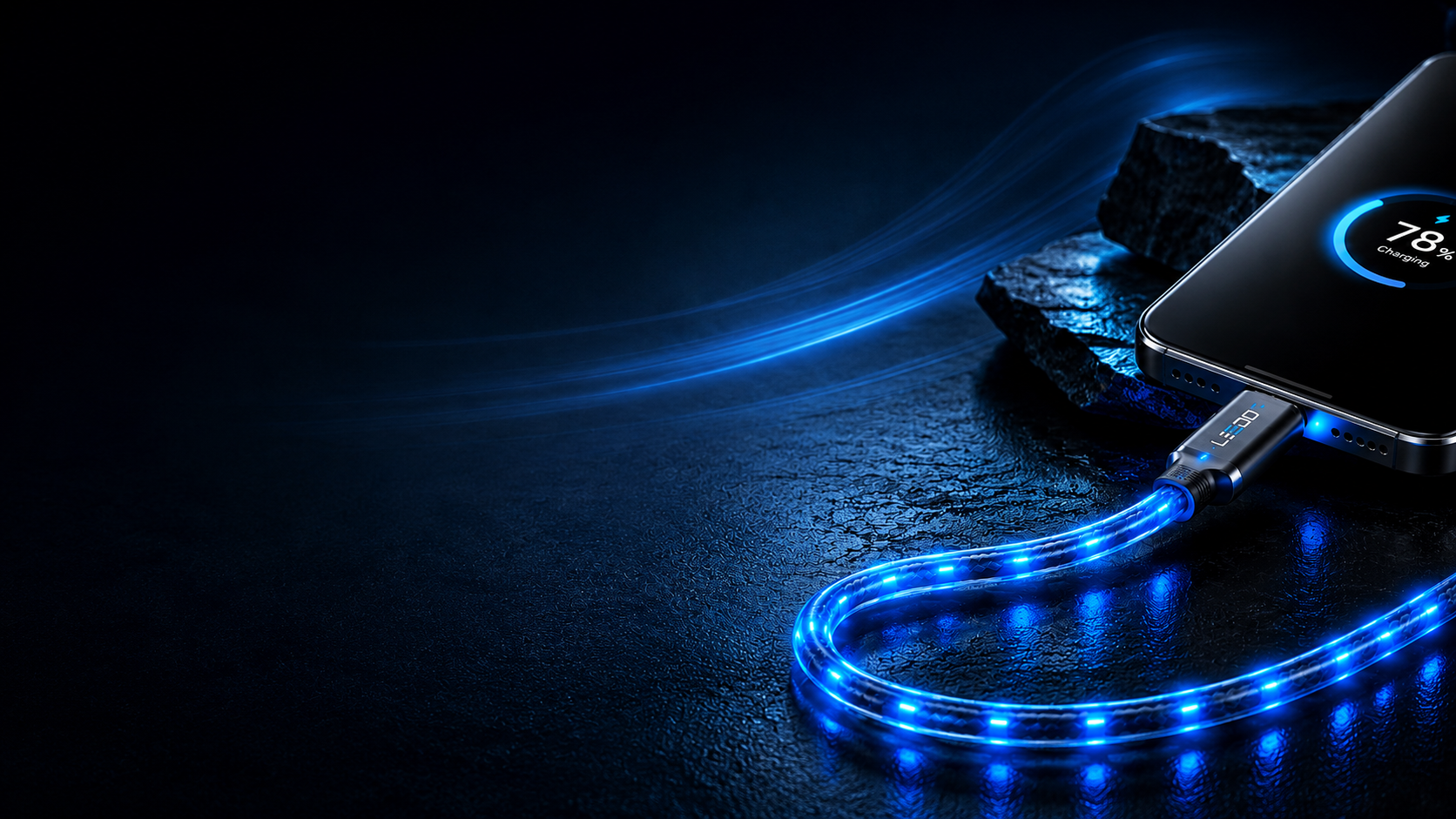 LEDO Flow cable glowing blue, charging a smartphone at 78%