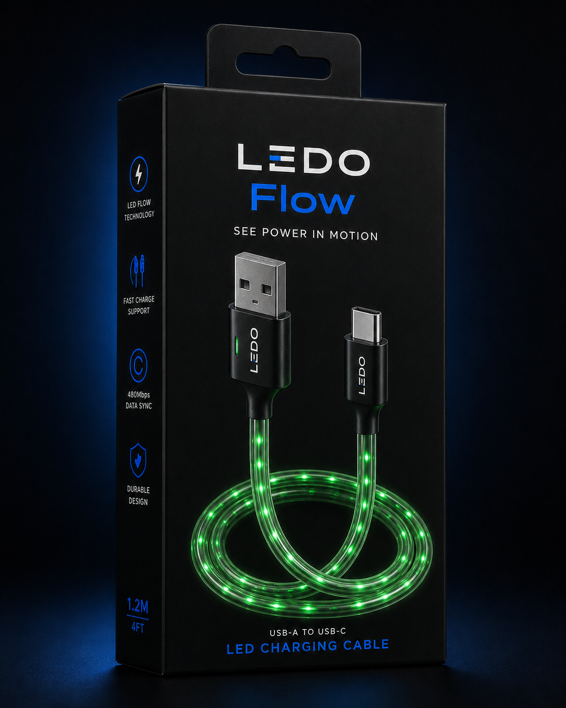LEDO Flow retail box in matte black with a coiled green LED cable printed on the front and the LEDO Flow wordmark