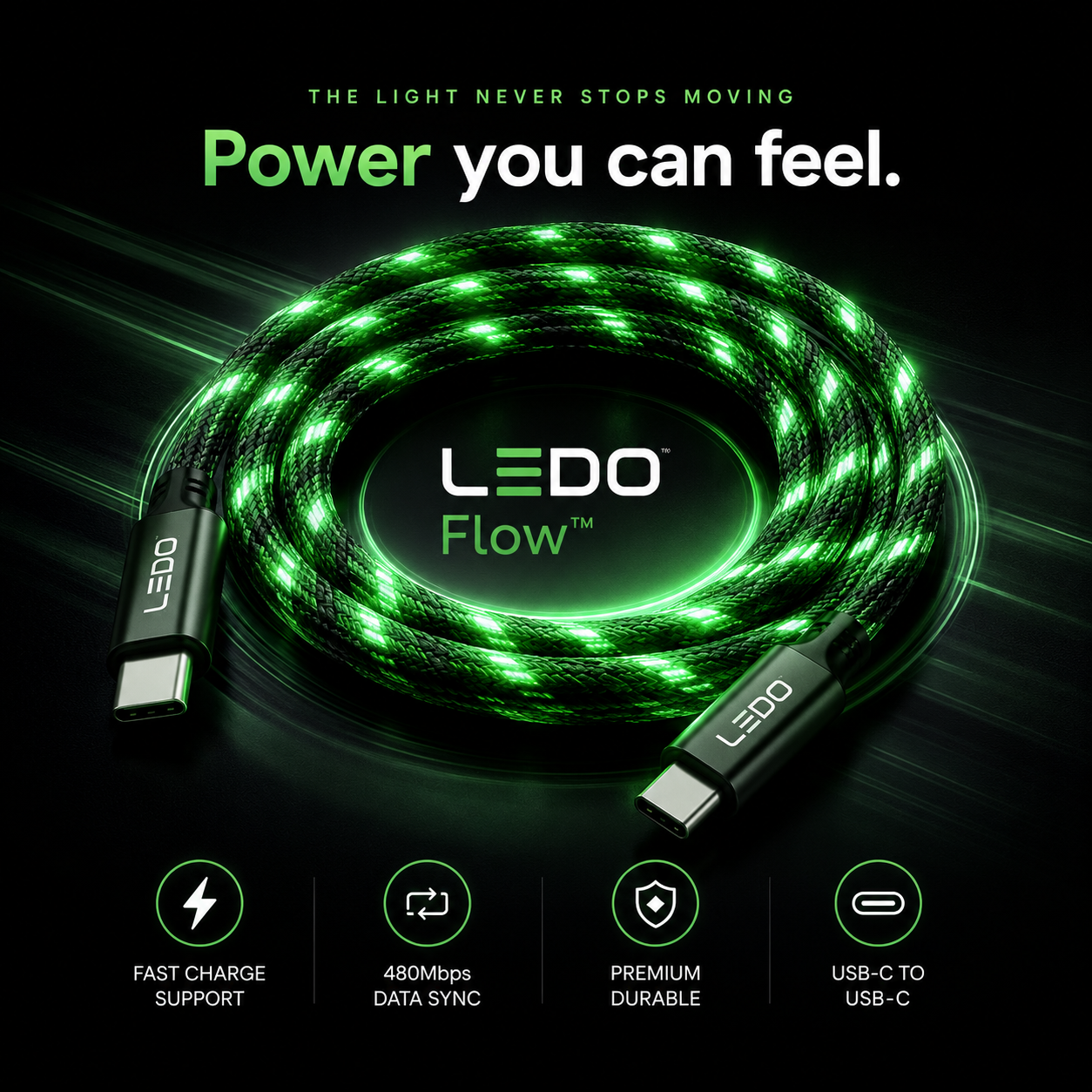 LEDO Flow cable coiled with vivid green light flowing through the braid — power you can feel