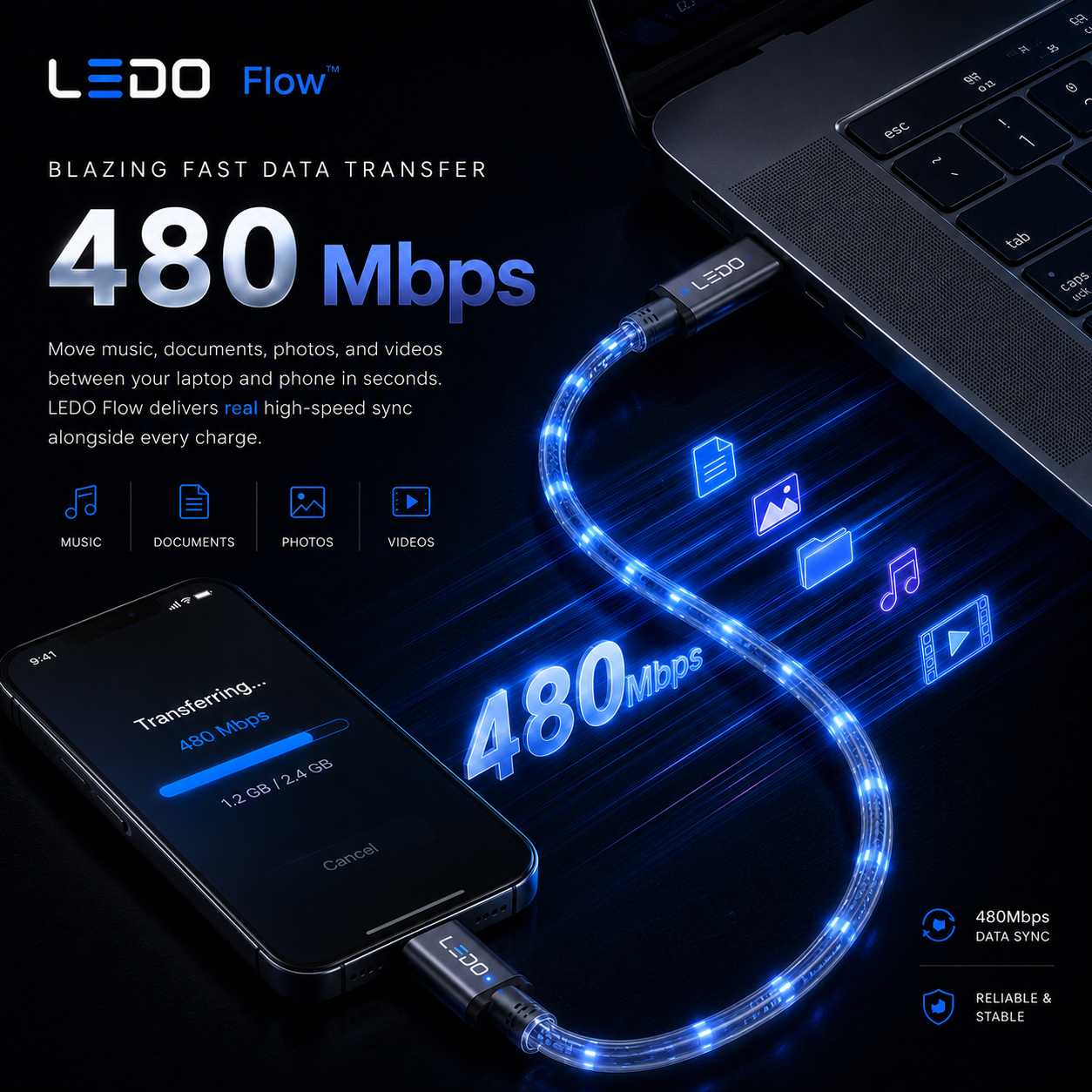 LEDO Flow cable transferring data between laptop and smartphone at 480 Mbps
