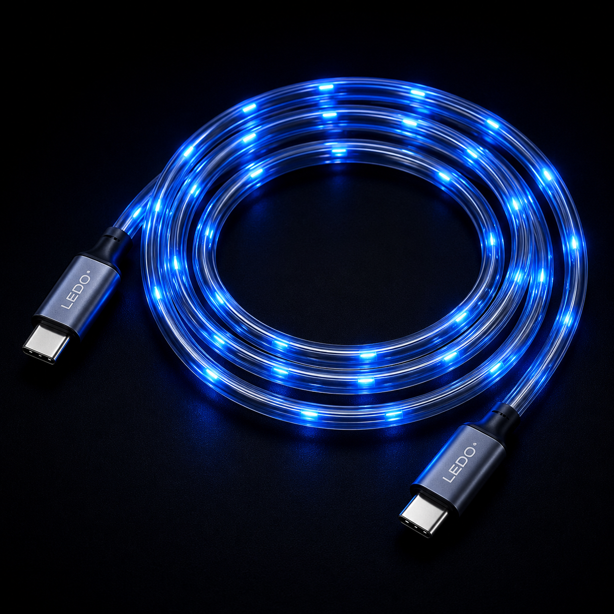 LEDO Flow cable coiled on a dark surface with electric blue LED light flowing along its full length