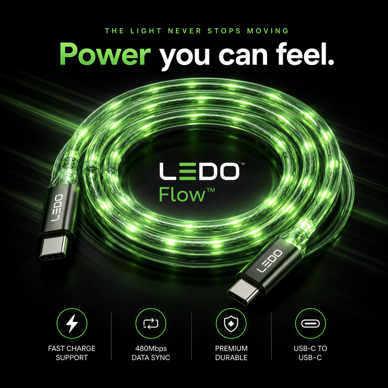 LEDO Flow cable coiled with vivid green light — power you can feel, fast charge support, 480Mbps data sync, premium durable, USB-C to USB-C