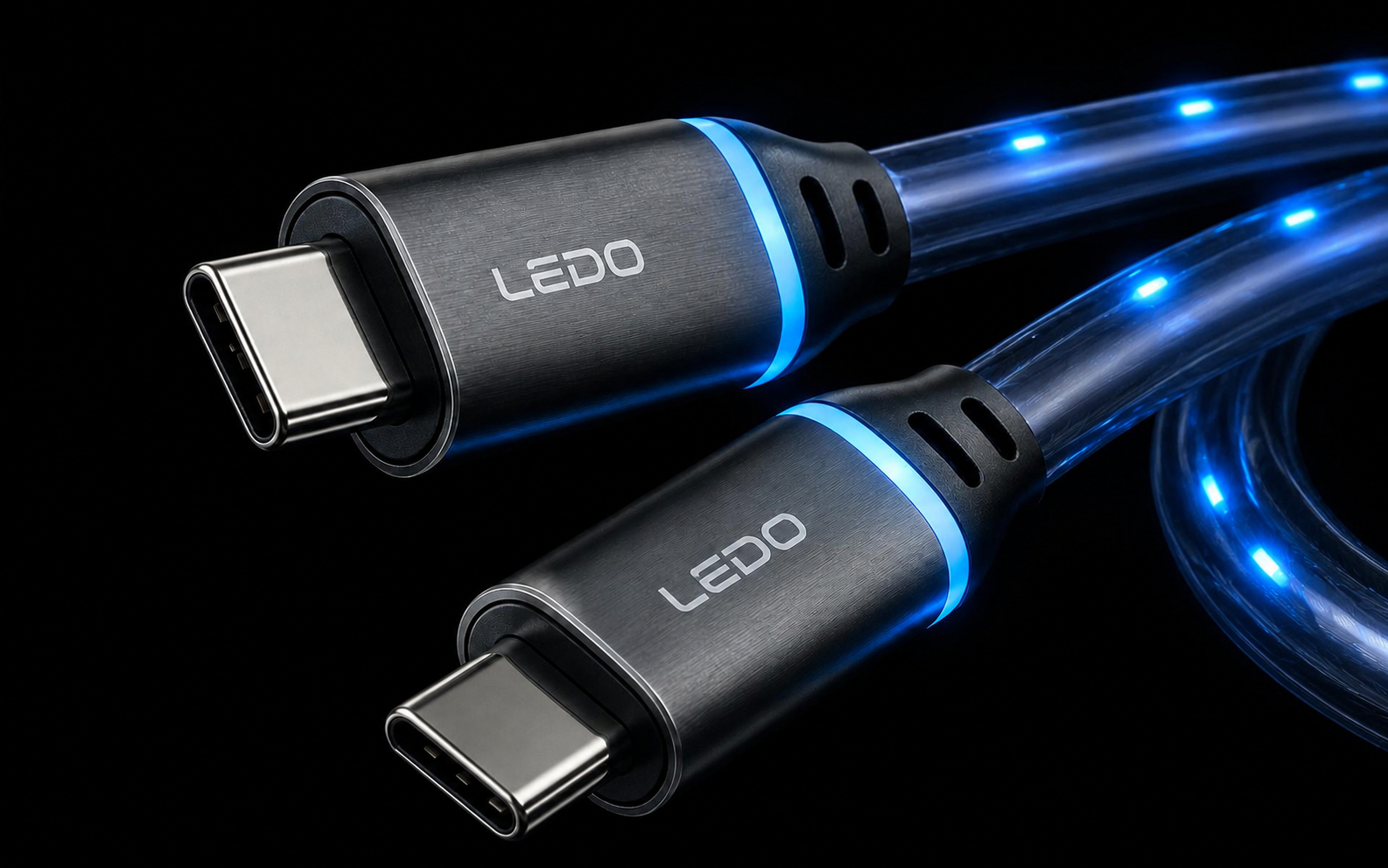 Macro shot of LEDO Flow USB-C connectors with blue LED glow